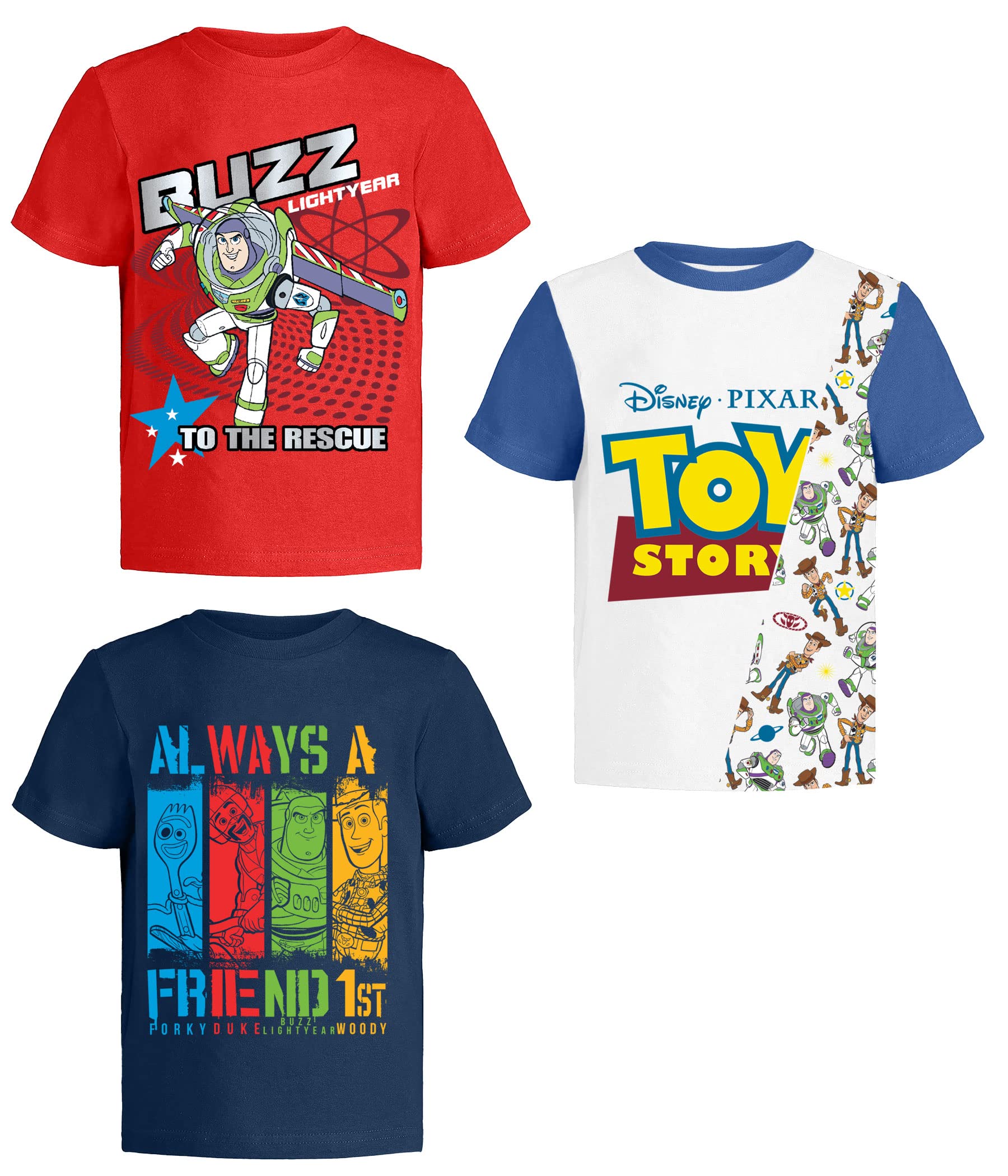 Toy Story Pixar T-Shirts (3 Pack) Woody Buzz Lightyear Rex - Toddlers to Kids Clothes 3T